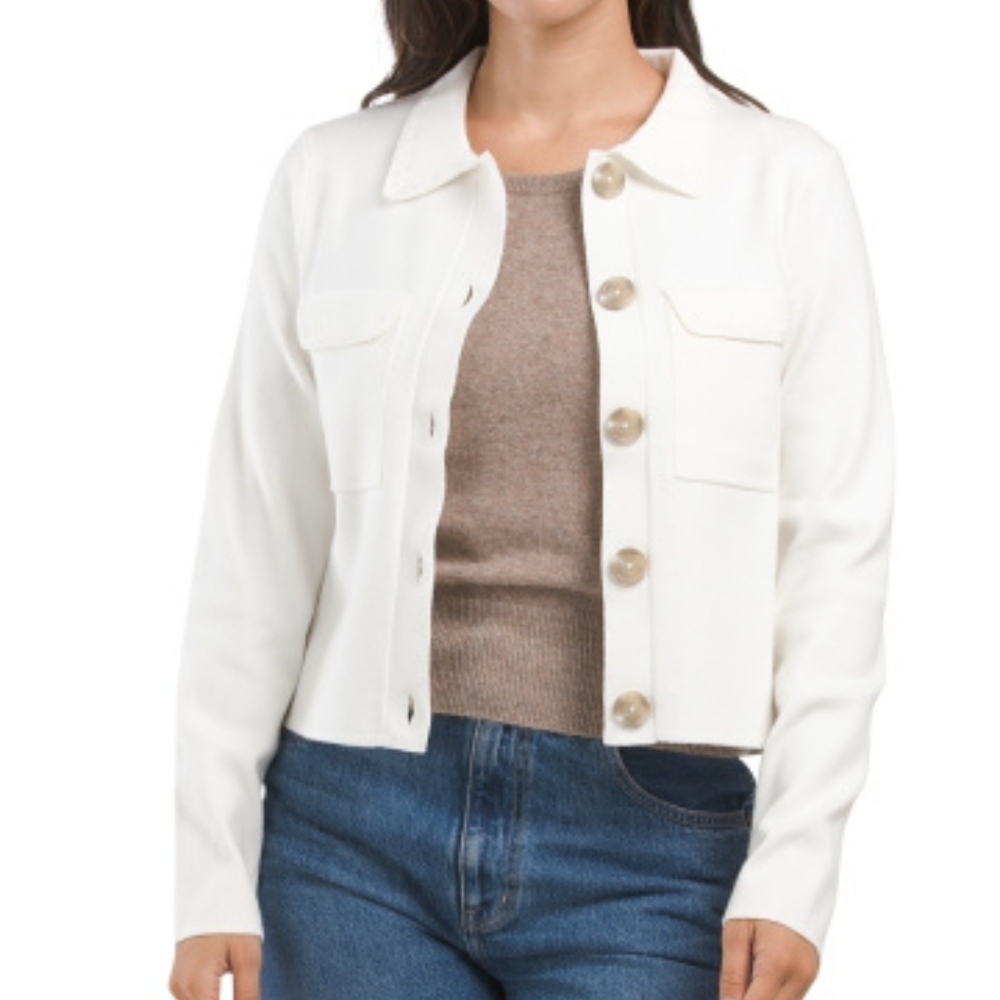 Joie Soft Knit Cream Button Front Boxy Long Sleeve Embroidered Trim Cardigan